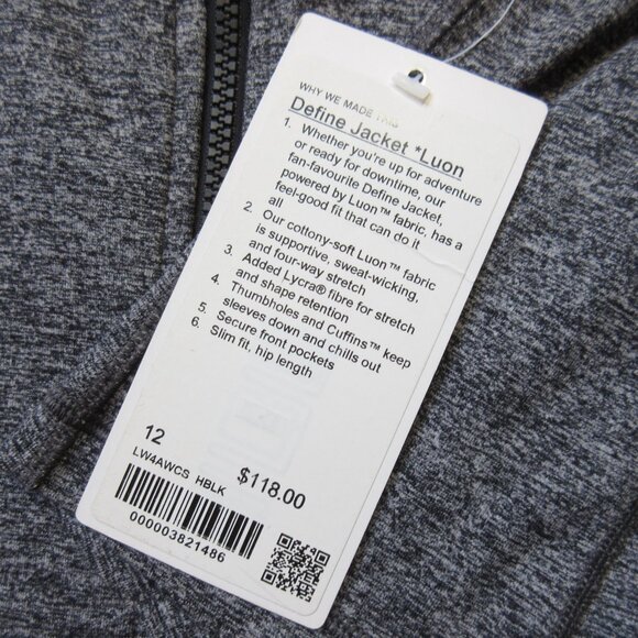 NWT Lululemon Define Jacket Luon in Heathered Black Stretch Full Zip 12 - Picture 2 of 6